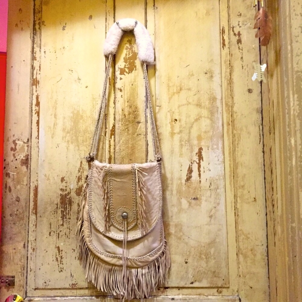 Mealey’s Pitic Leather Suede & Silver Fringe Hobo Bag with shearling wool strap